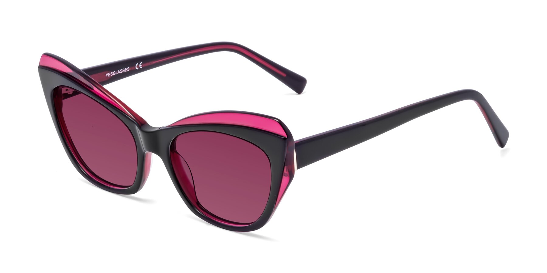 Angle of 1469 in Black-Plum with Wine Tinted Lenses