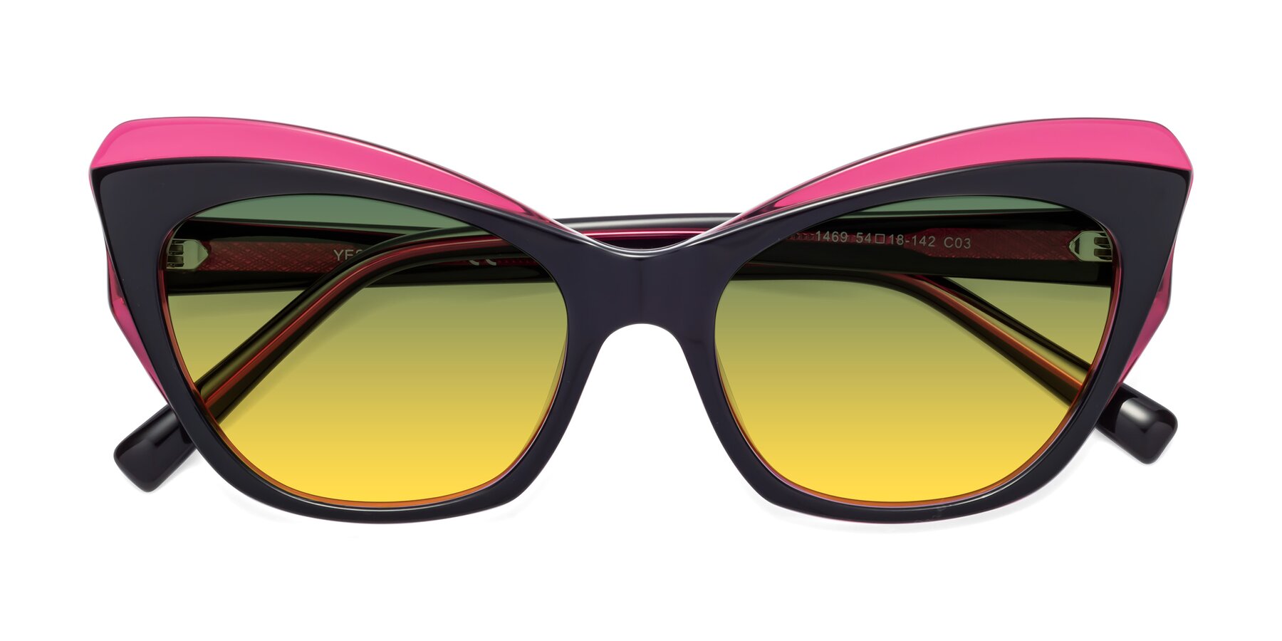 Folded Front of 1469 in Black-Plum with Green / Yellow Gradient Lenses
