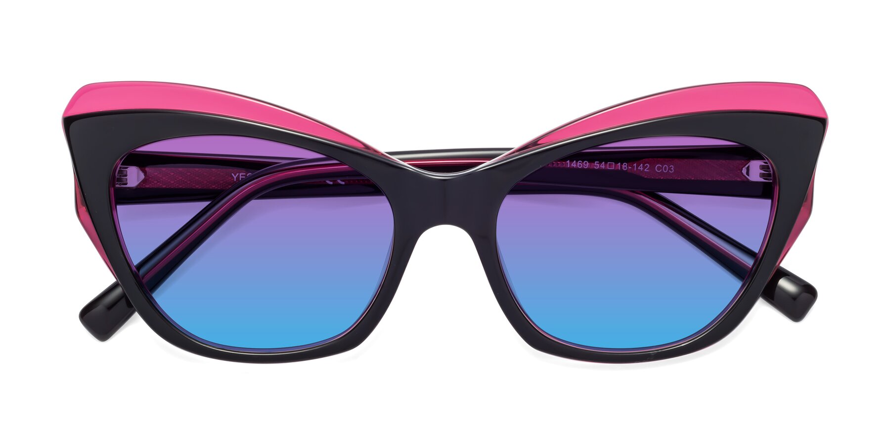 Folded Front of 1469 in Black-Plum with Purple / Blue Gradient Lenses