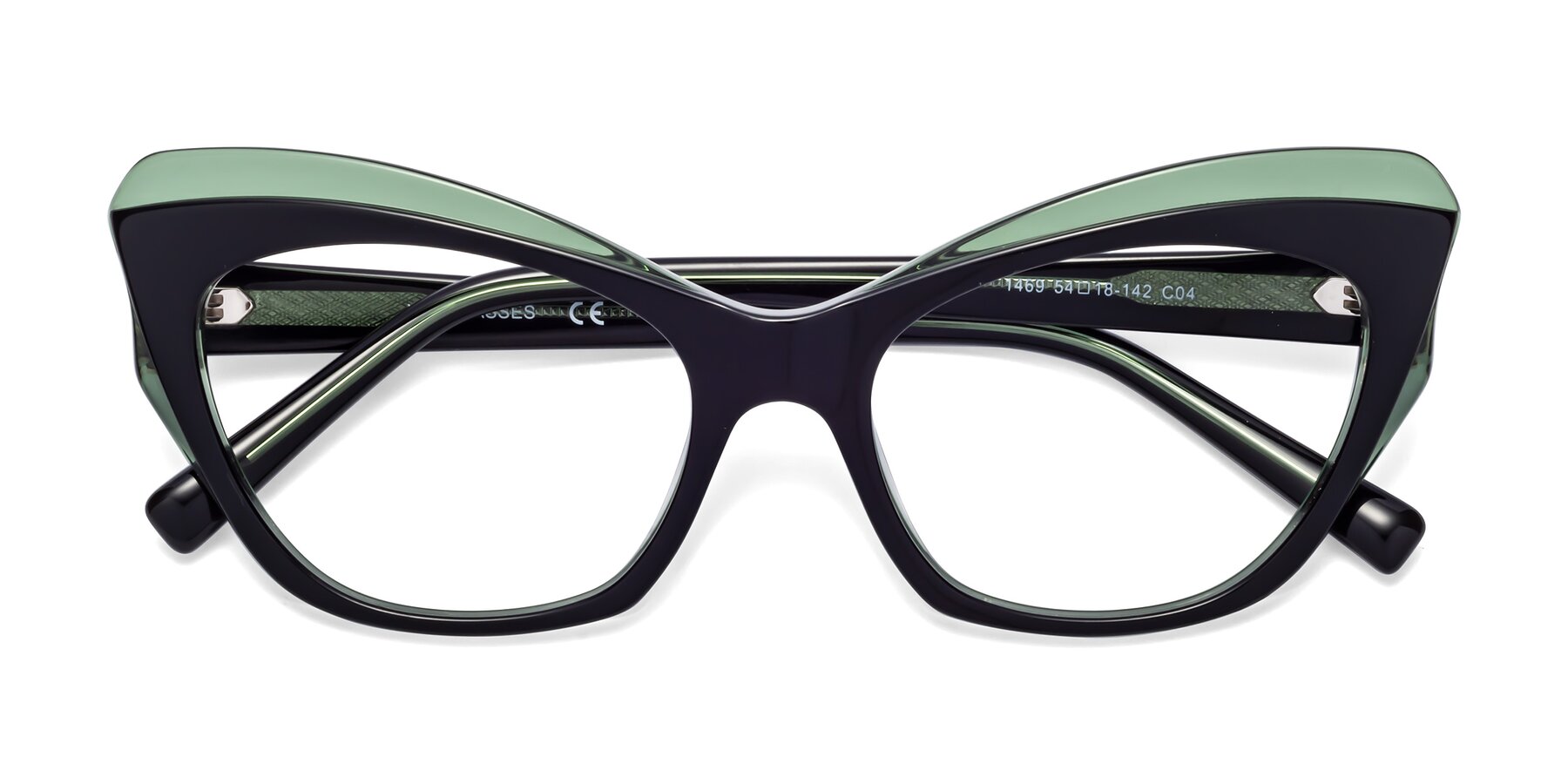 Folded Front of 1469 in Black-Green with Clear Eyeglass Lenses