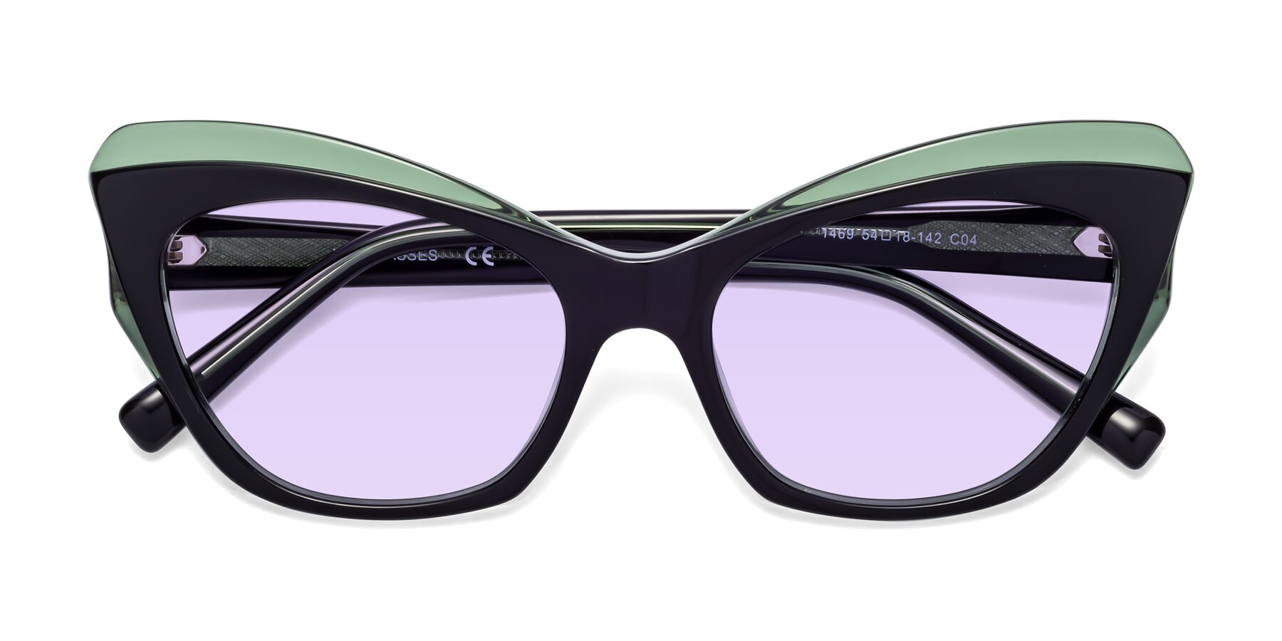 Folded Front of 1469 in Black-Green with Light Purple Tinted Lenses
