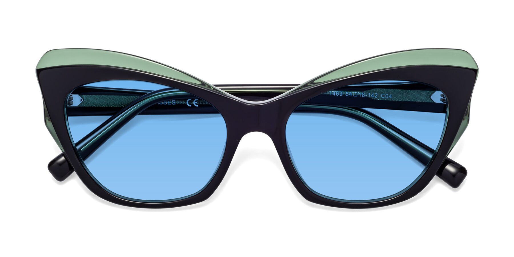 Folded Front of 1469 in Black-Green with Medium Blue Tinted Lenses
