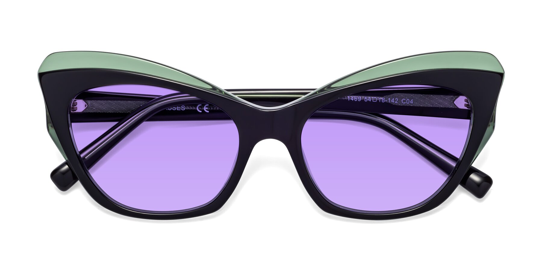 Folded Front of 1469 in Black-Green with Medium Purple Tinted Lenses