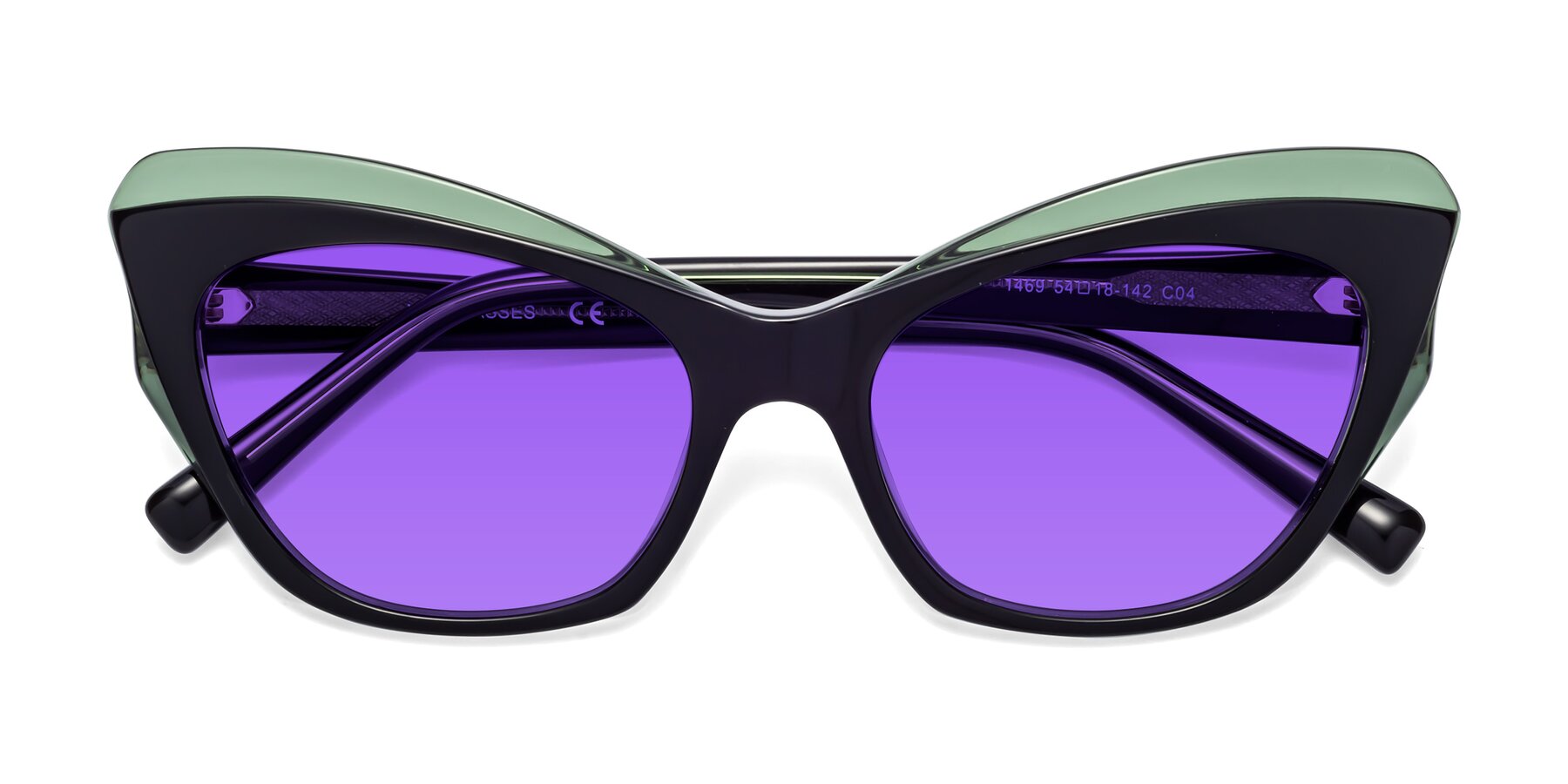 Folded Front of 1469 in Black-Green with Purple Tinted Lenses