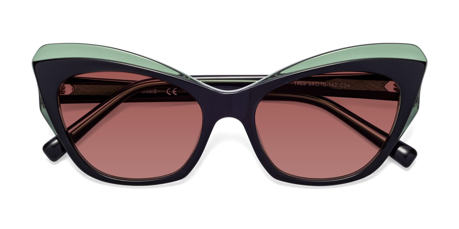 Folded Front of 1469 in Black-Green with Garnet Tinted Lenses