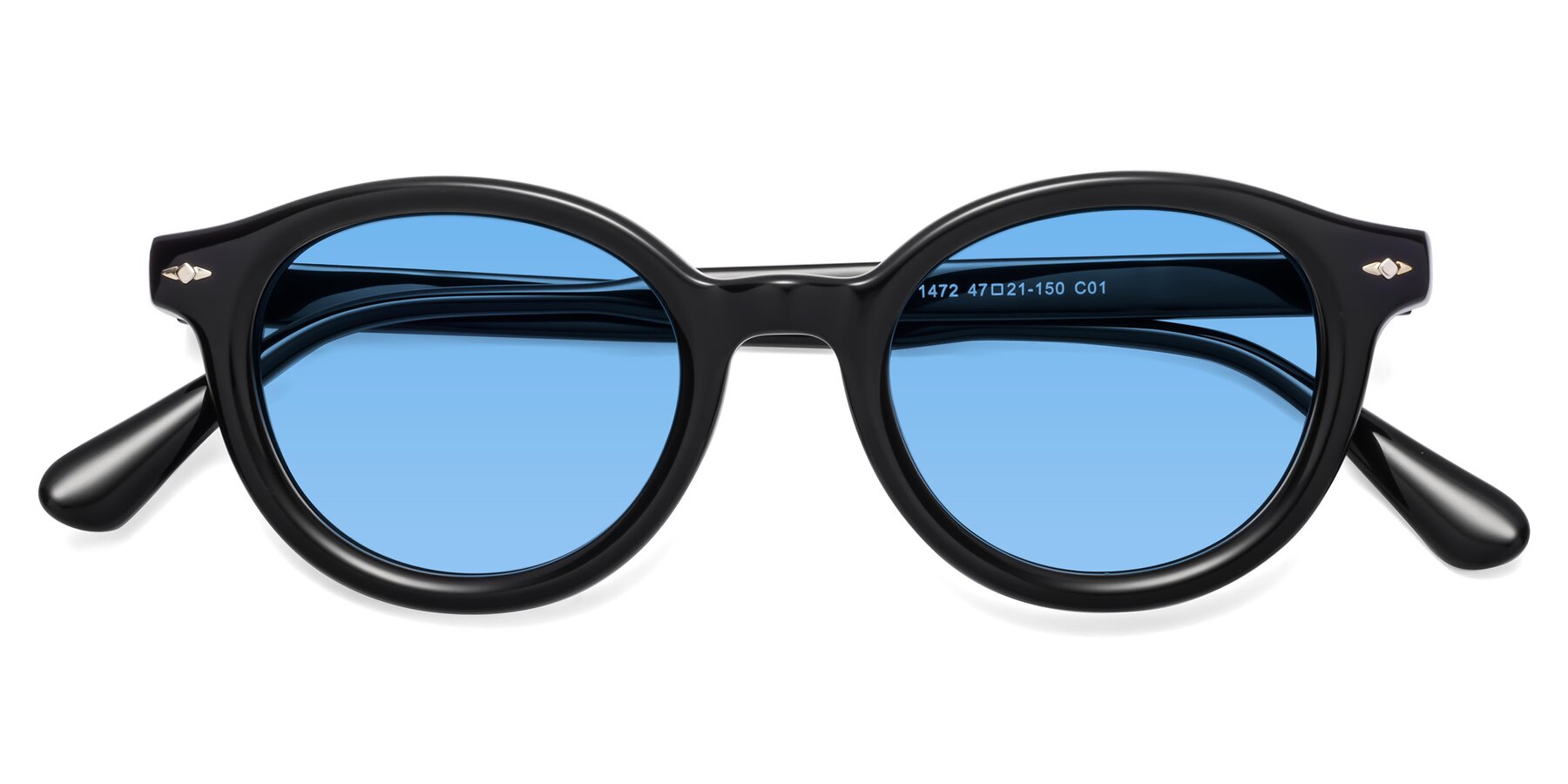 Folded Front of 1472 in Black with Medium Blue Tinted Lenses