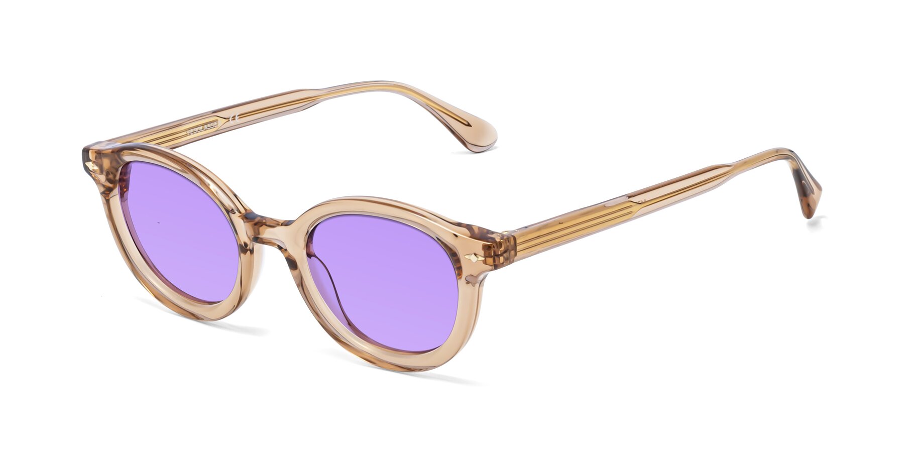Angle of 1472 in Caramel with Medium Purple Tinted Lenses