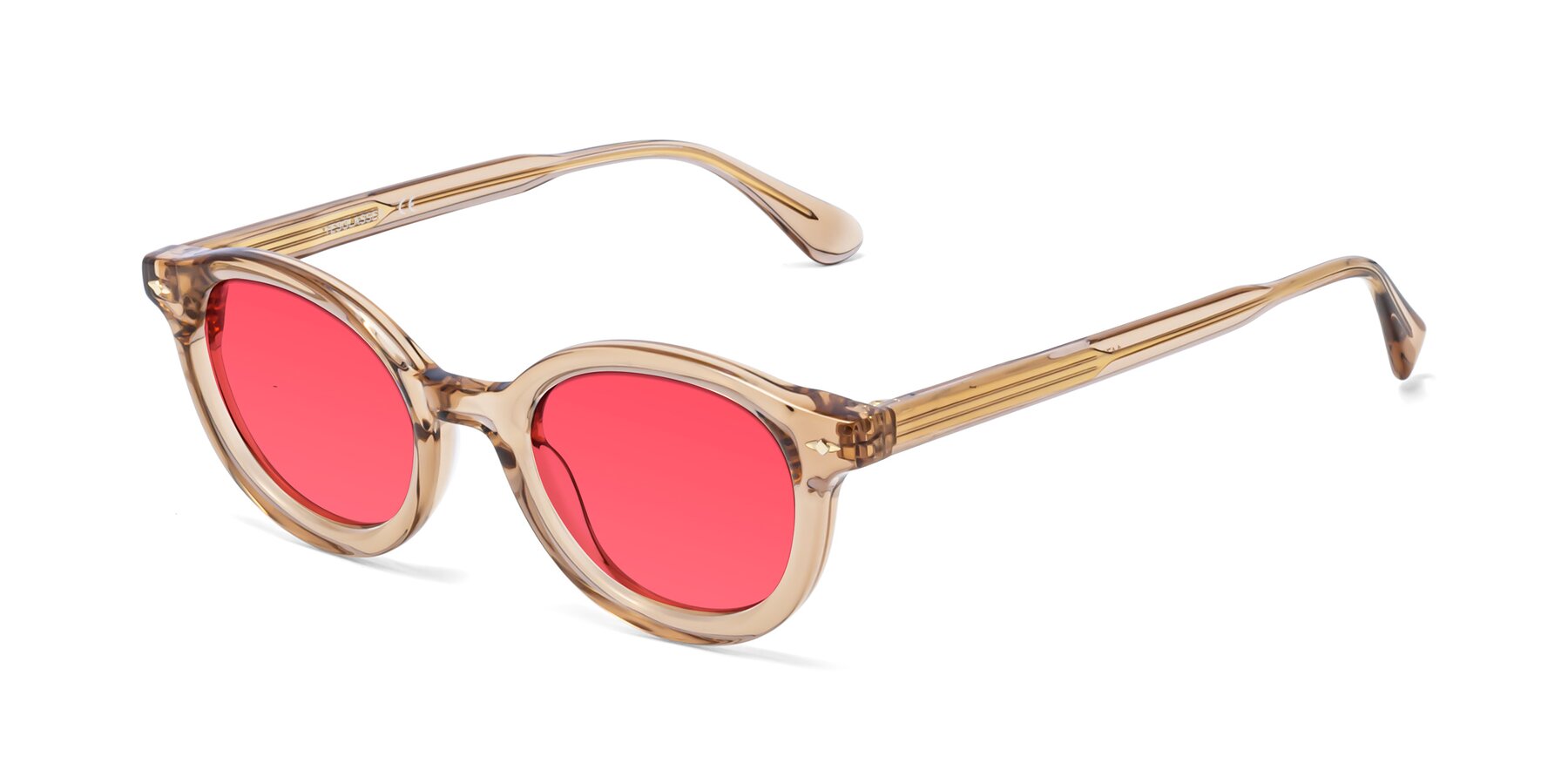 Angle of 1472 in Caramel with Pink Tinted Lenses
