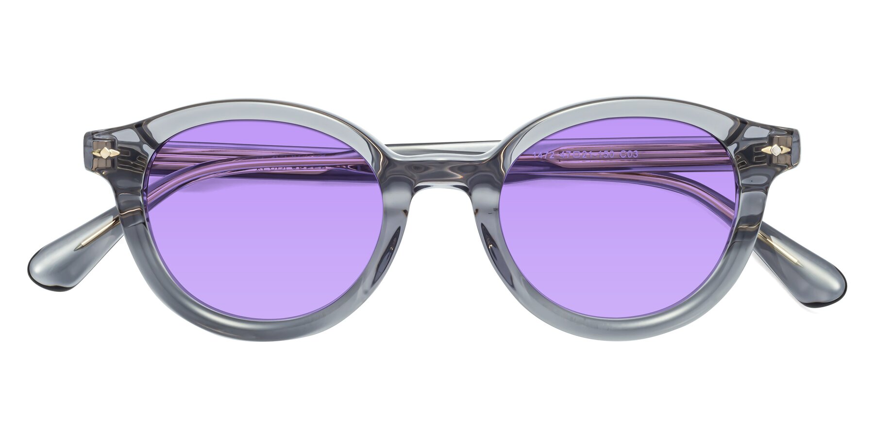 Folded Front of 1472 in Transparent Gray with Medium Purple Tinted Lenses
