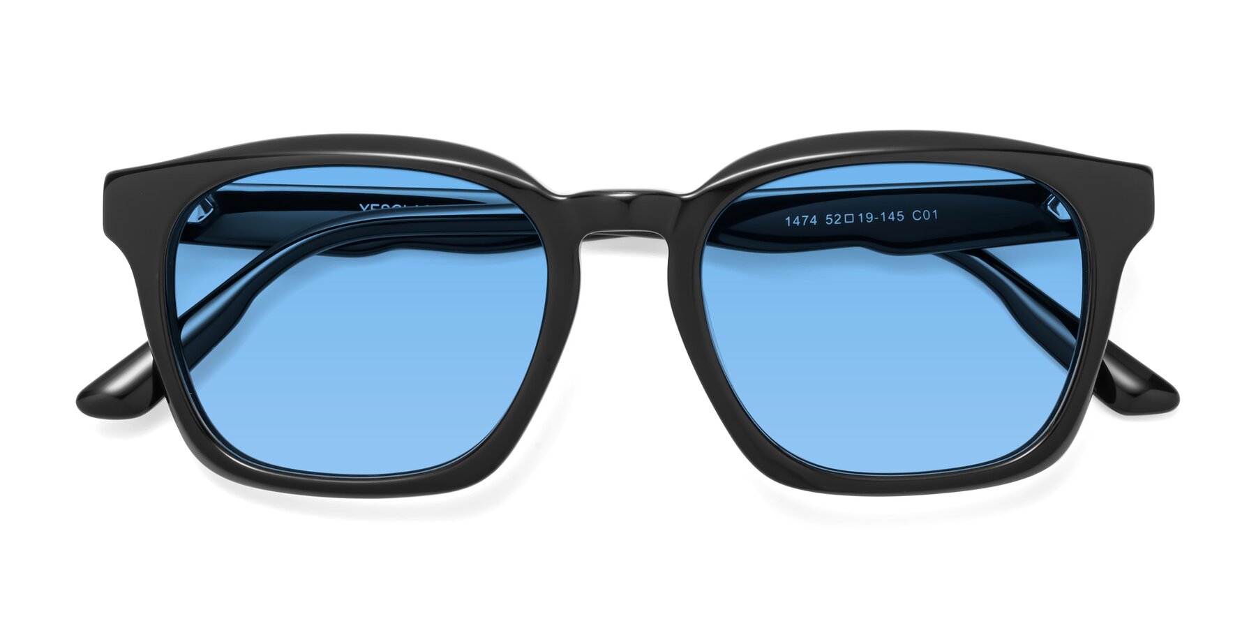 Folded Front of 1474 in Black with Medium Blue Tinted Lenses