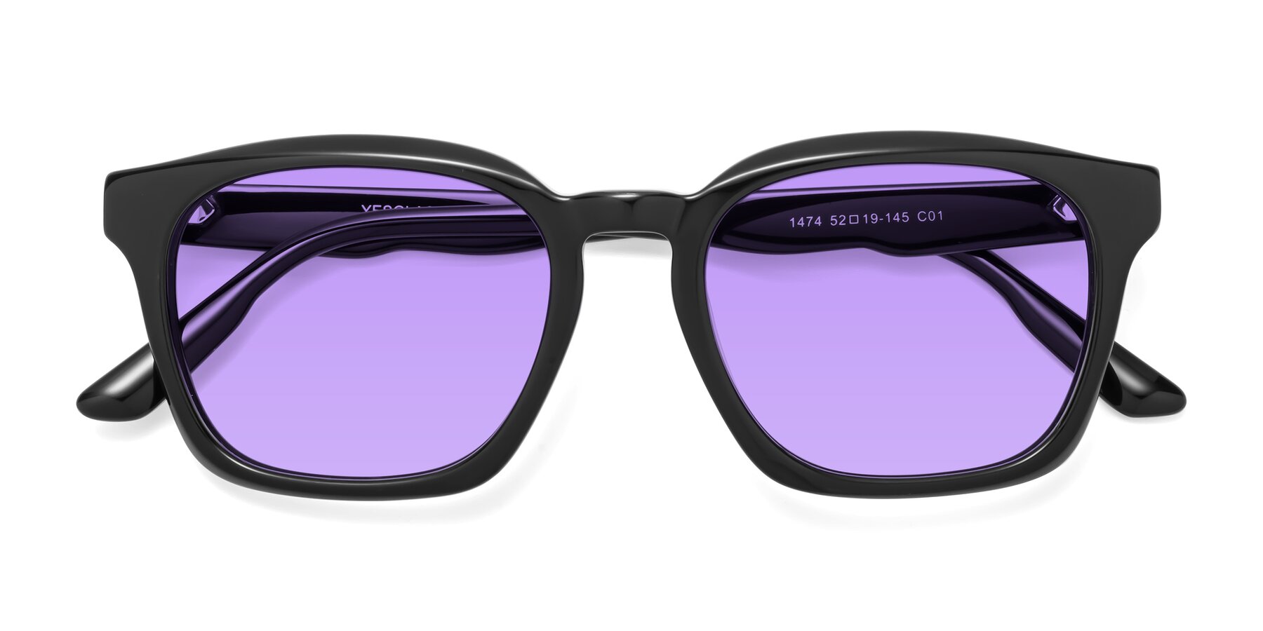 Folded Front of 1474 in Black with Medium Purple Tinted Lenses