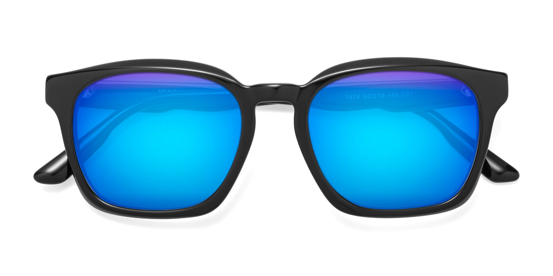 Folded Front of 1474 in Black with Blue Mirrored Lenses