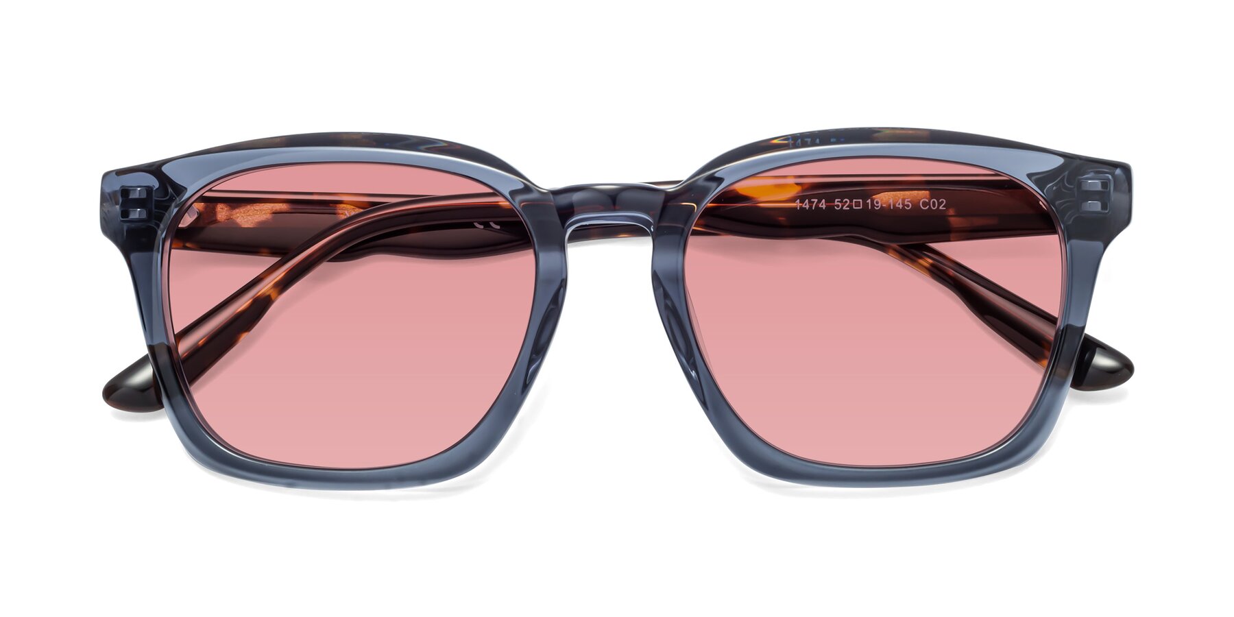 Folded Front of 1474 in Faded Blue with Medium Garnet Tinted Lenses