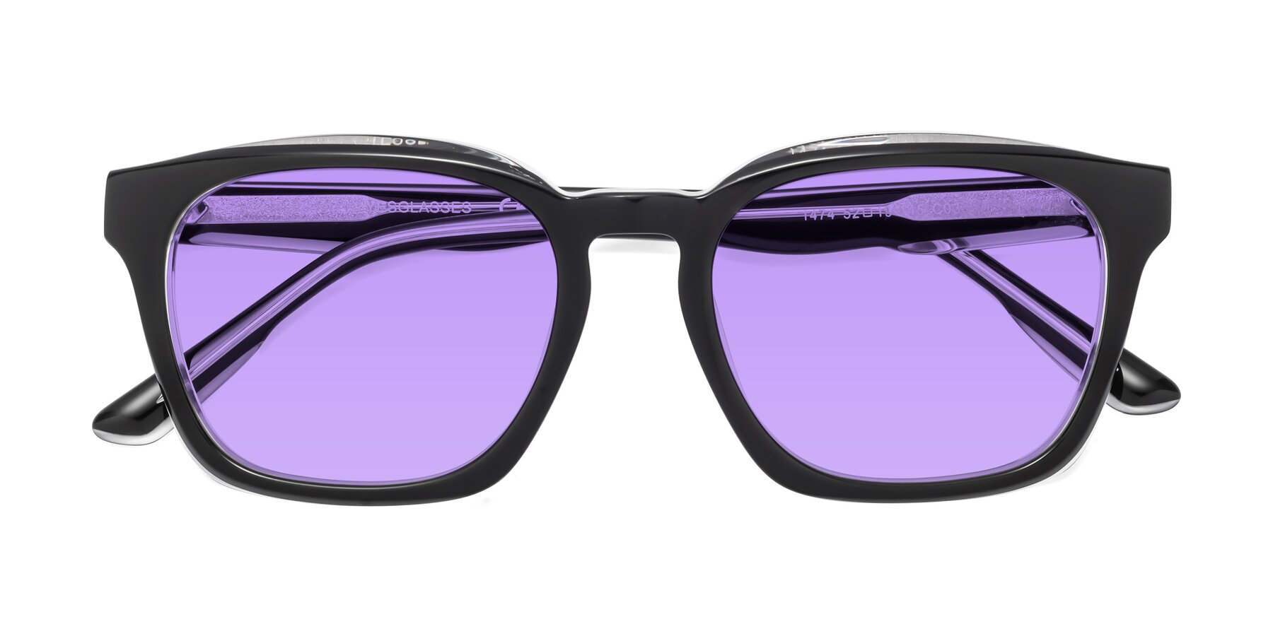 Folded Front of 1474 in Black-Clear with Medium Purple Tinted Lenses