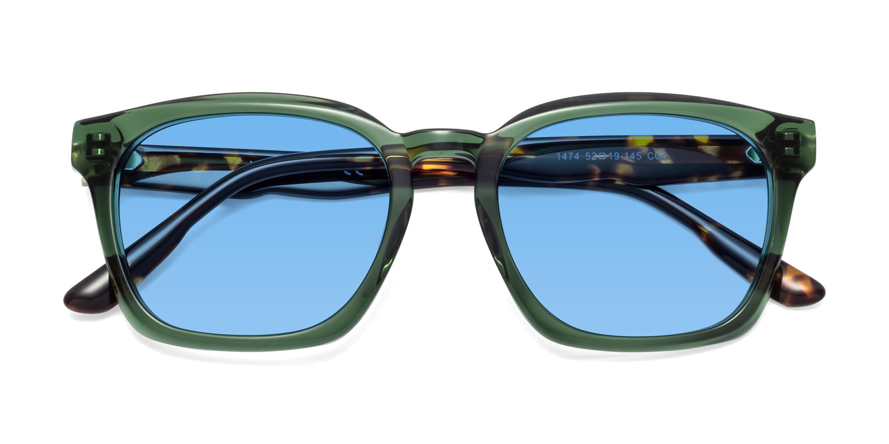 Folded Front of 1474 in Emerald with Medium Blue Tinted Lenses