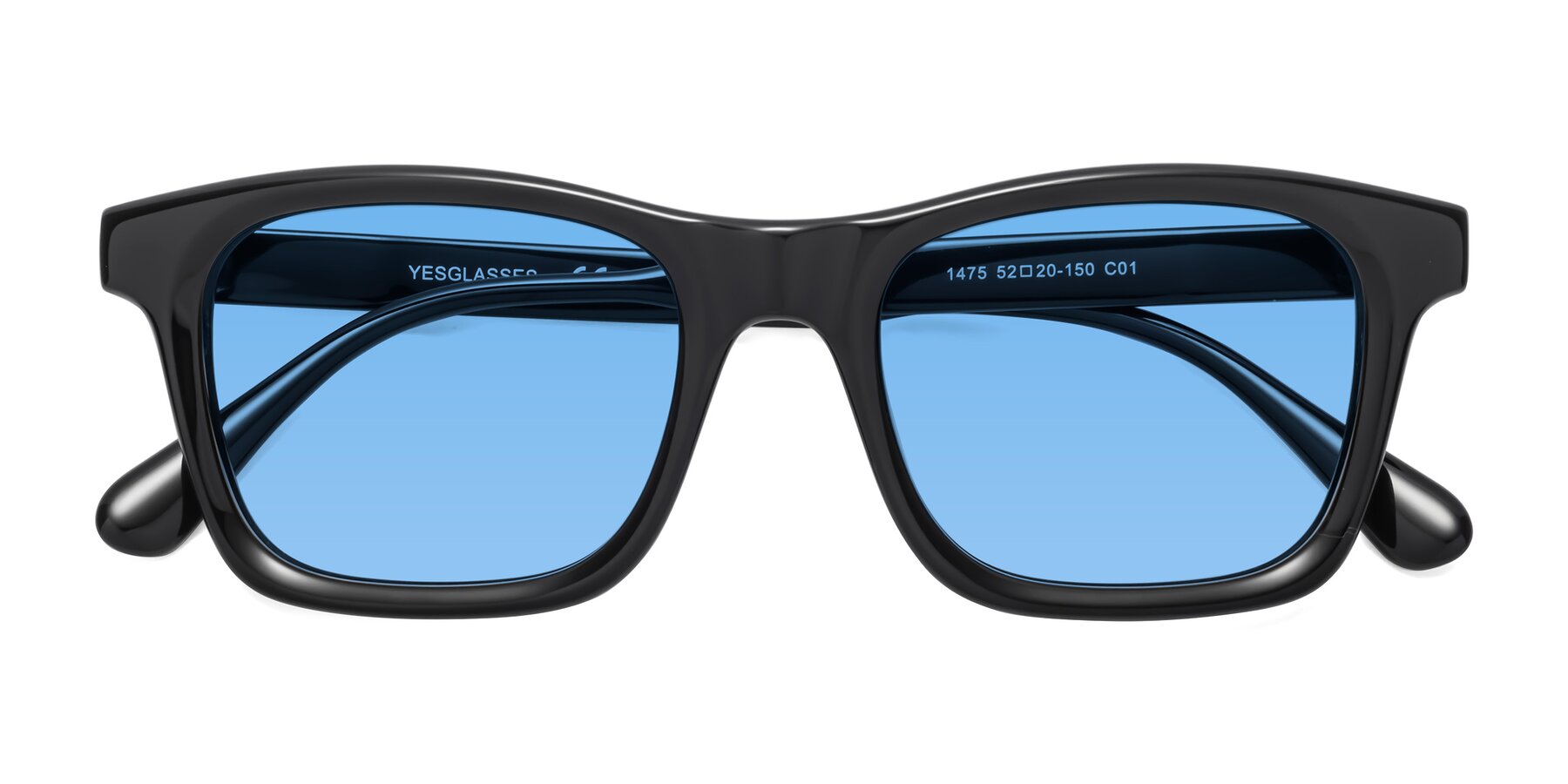 Folded Front of 1475 in Black with Medium Blue Tinted Lenses