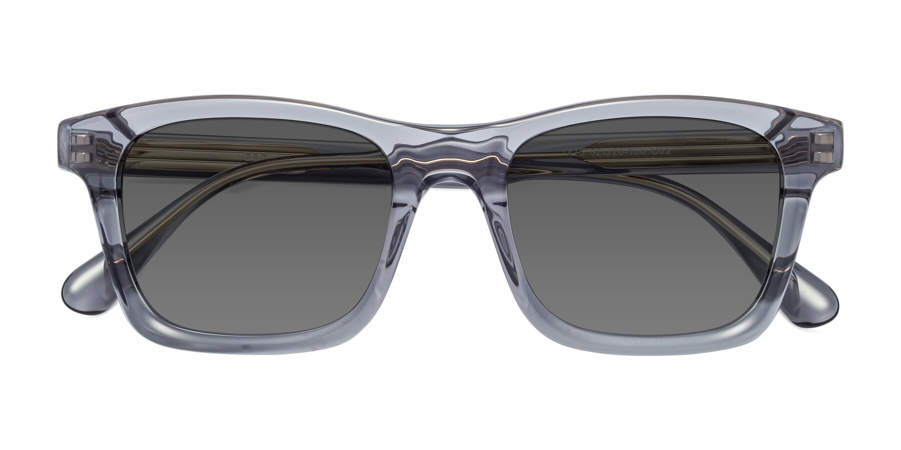 Folded Front of 1475 in Transparent Gray with Medium Gray Tinted Lenses