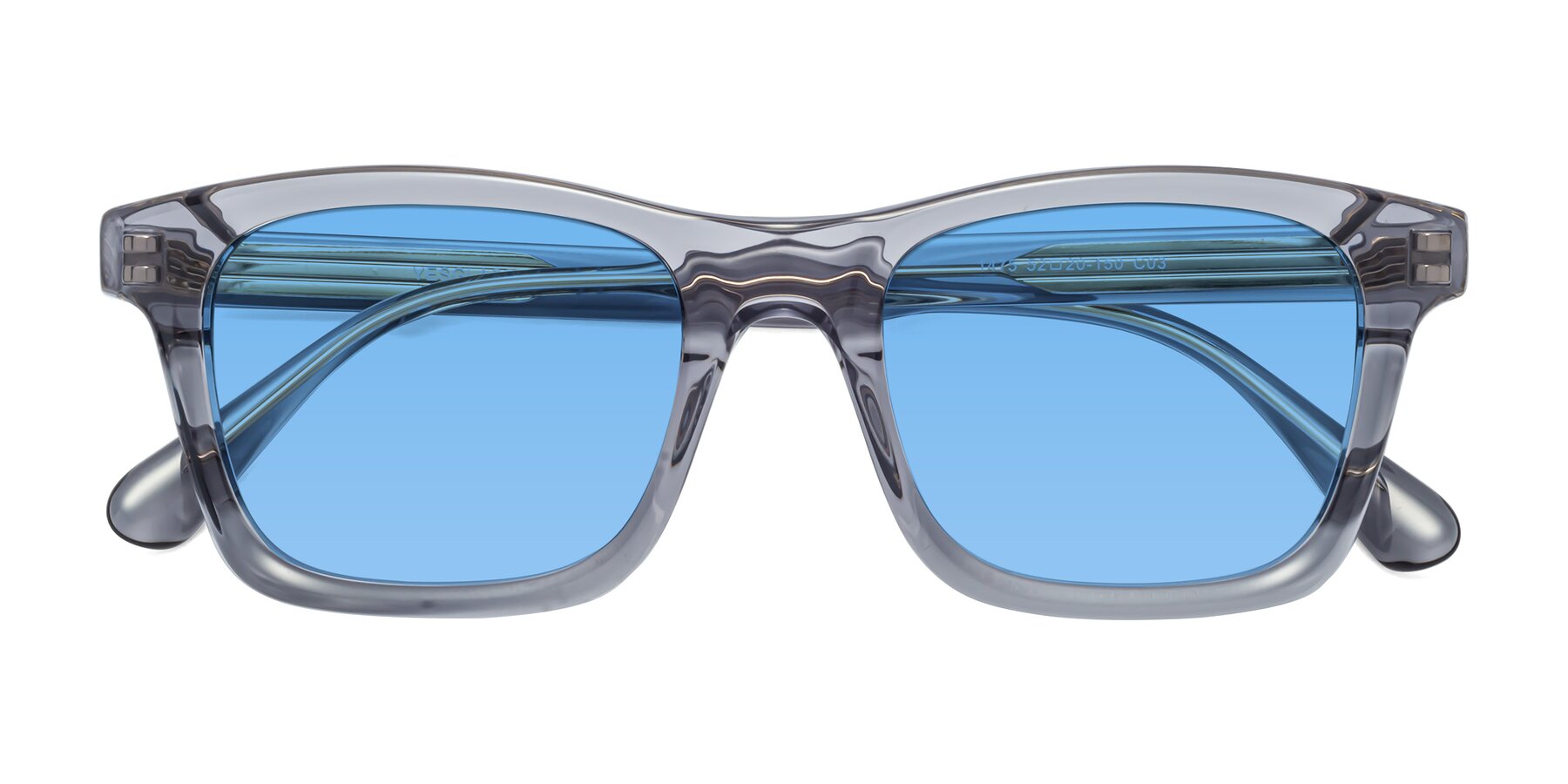 Folded Front of 1475 in Transparent Gray with Medium Blue Tinted Lenses