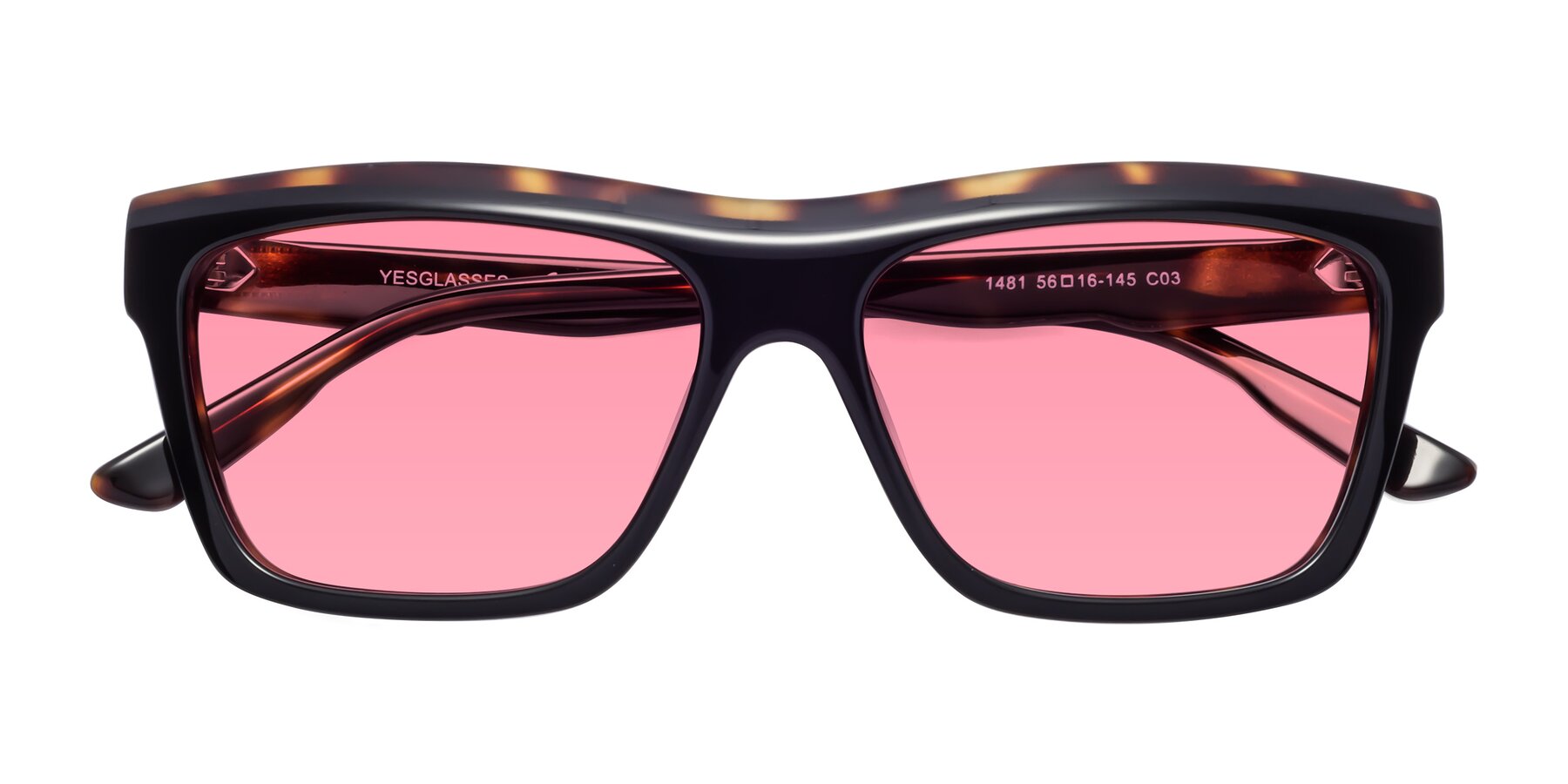 Folded Front of 1481 in Tortoise with Medium Pink Tinted Lenses