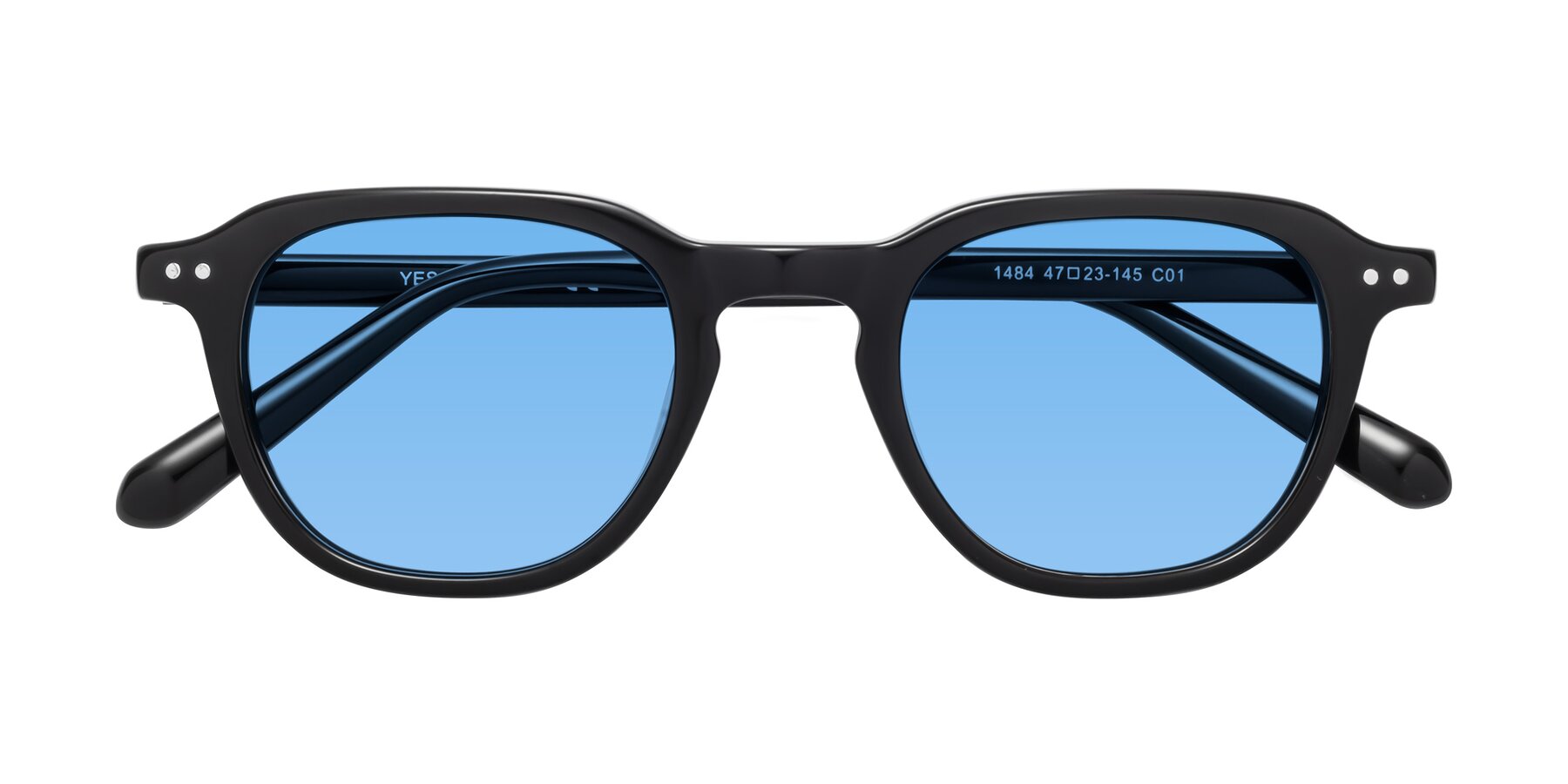 Folded Front of 1484 in Black with Medium Blue Tinted Lenses