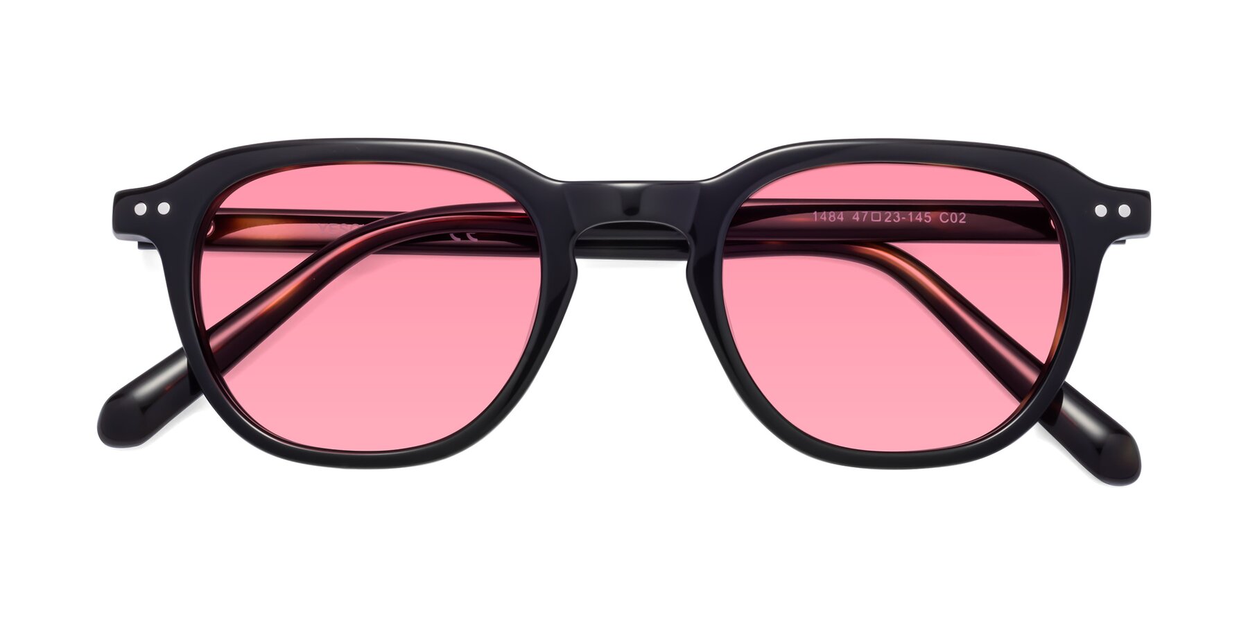 Folded Front of 1484 in Tortoise with Medium Pink Tinted Lenses
