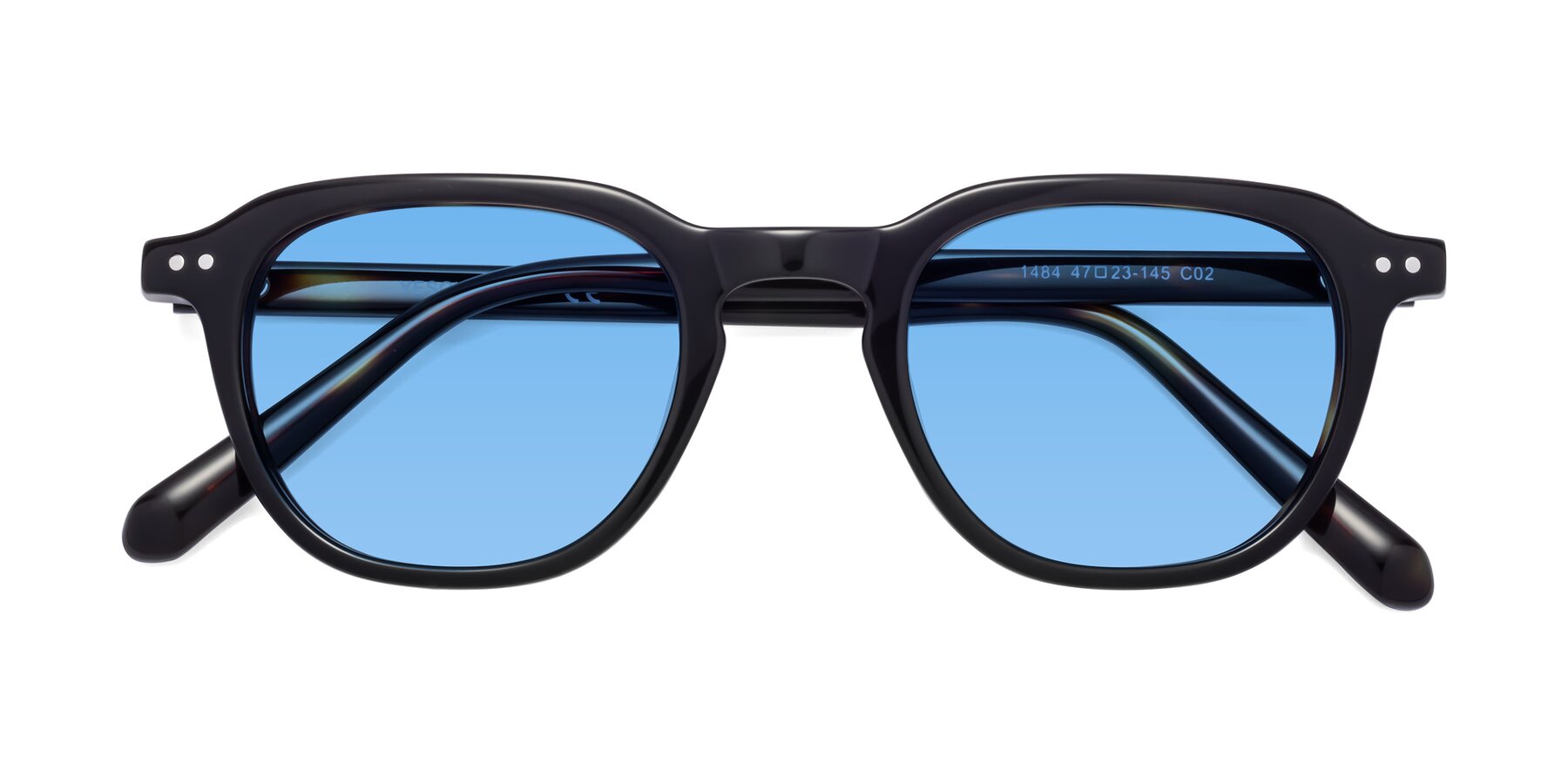 Folded Front of 1484 in Tortoise with Medium Blue Tinted Lenses