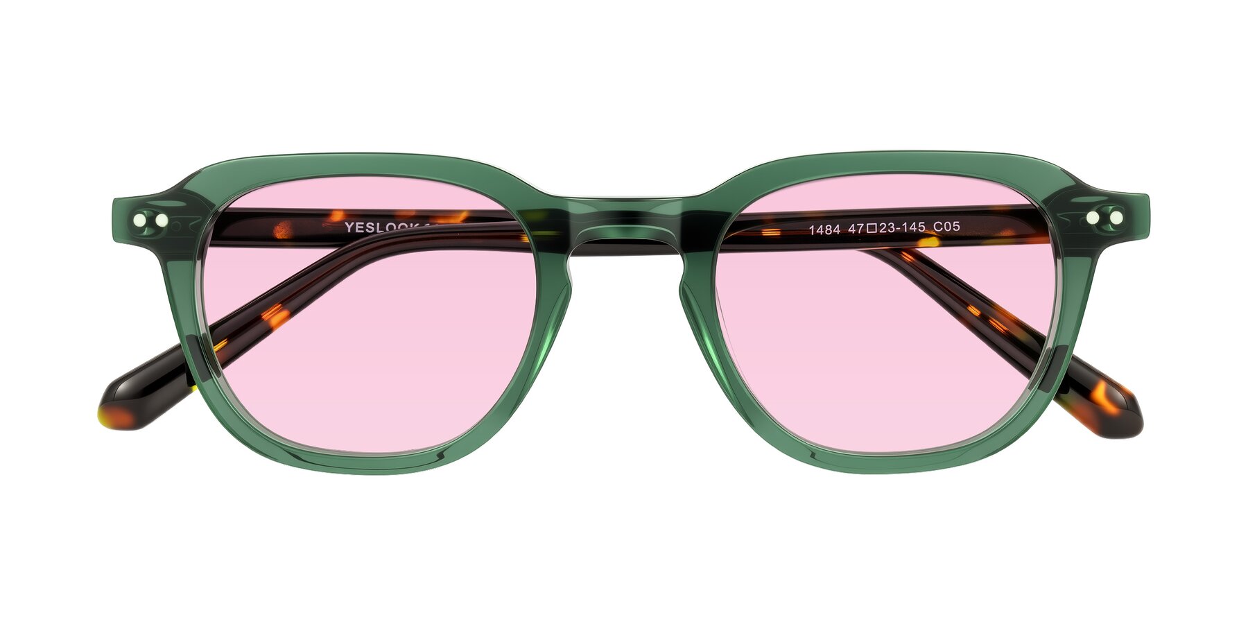 Folded Front of 1484 in Green/Tortoise with Light Pink Tinted Lenses