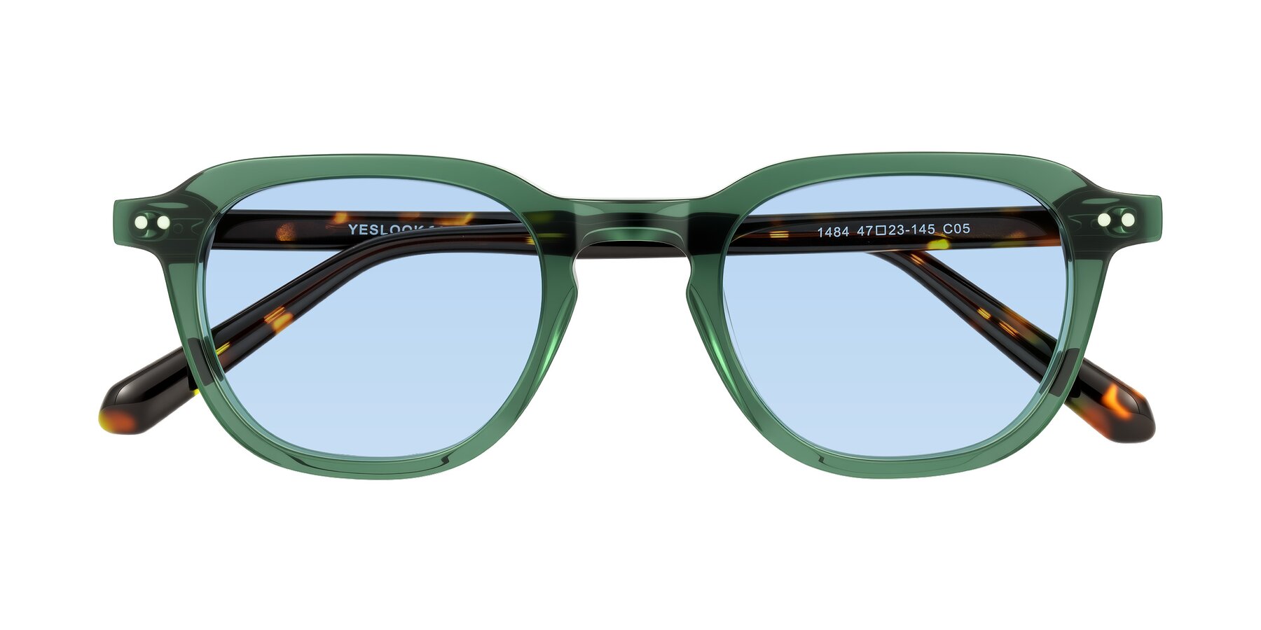 Folded Front of 1484 in Green/Tortoise with Light Blue Tinted Lenses