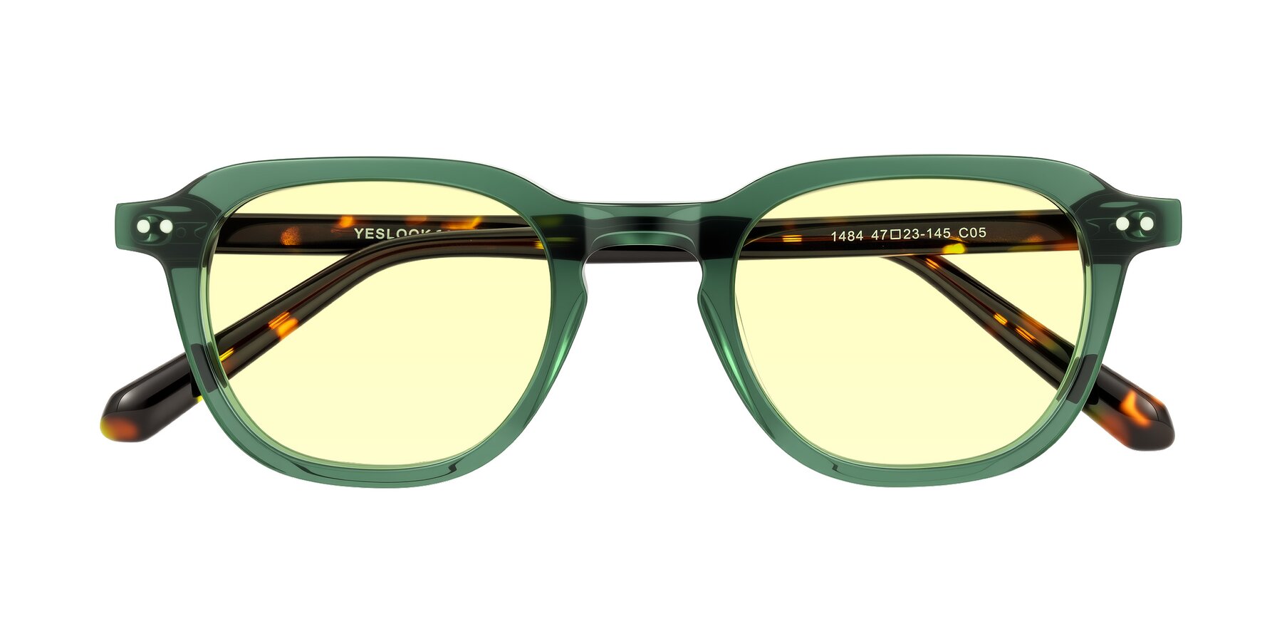 Folded Front of 1484 in Green/Tortoise with Light Yellow Tinted Lenses