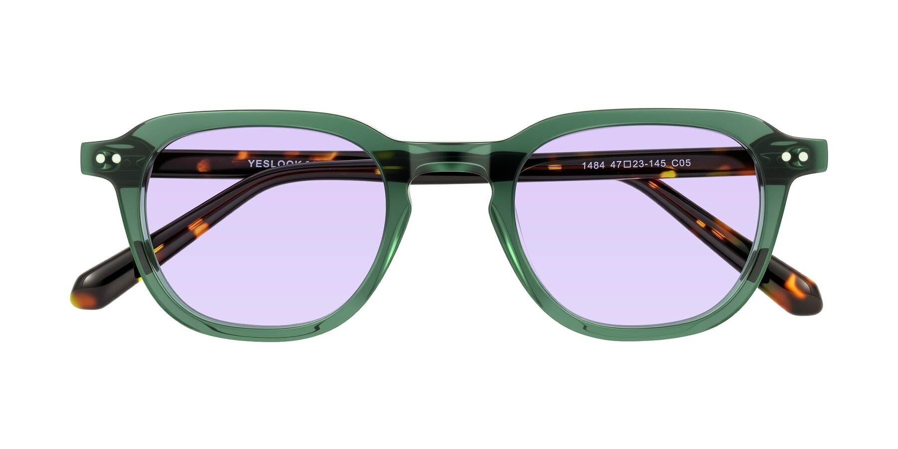 Folded Front of 1484 in Green/Tortoise with Light Purple Tinted Lenses