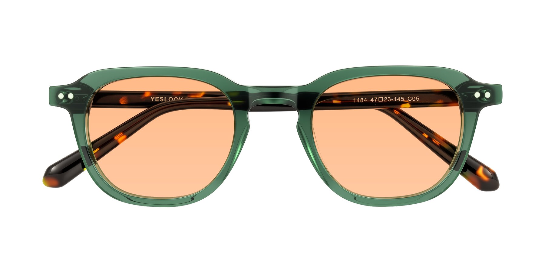 Folded Front of 1484 in Green/Tortoise with Light Orange Tinted Lenses
