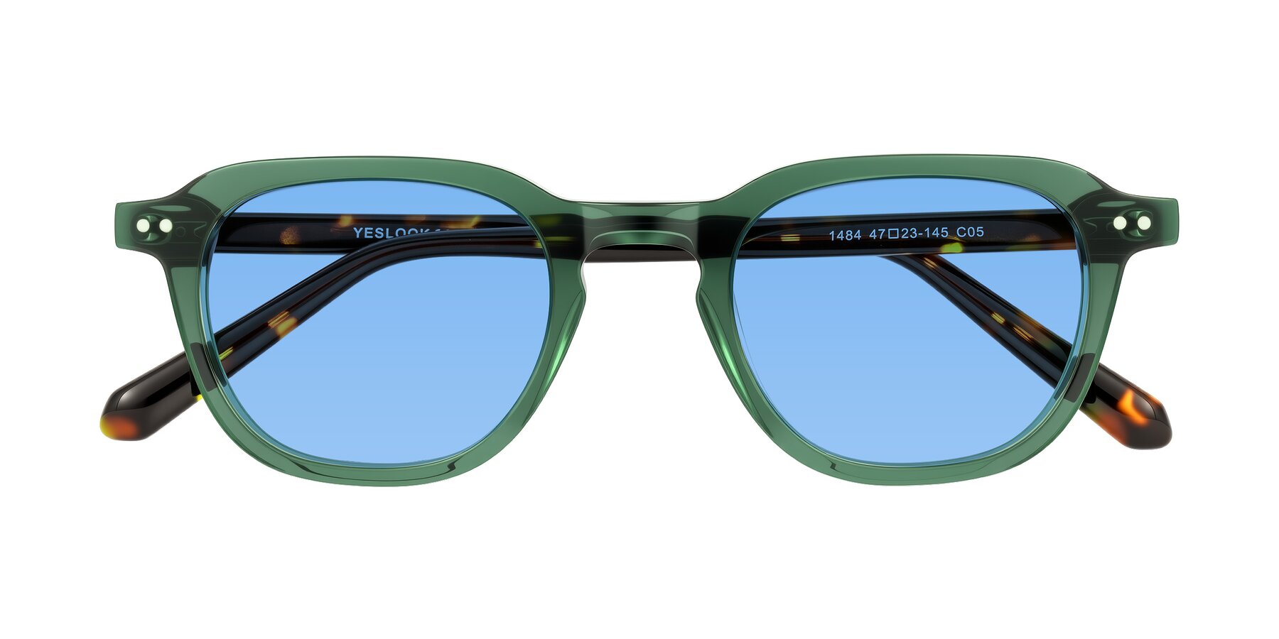 Folded Front of 1484 in Green/Tortoise with Medium Blue Tinted Lenses