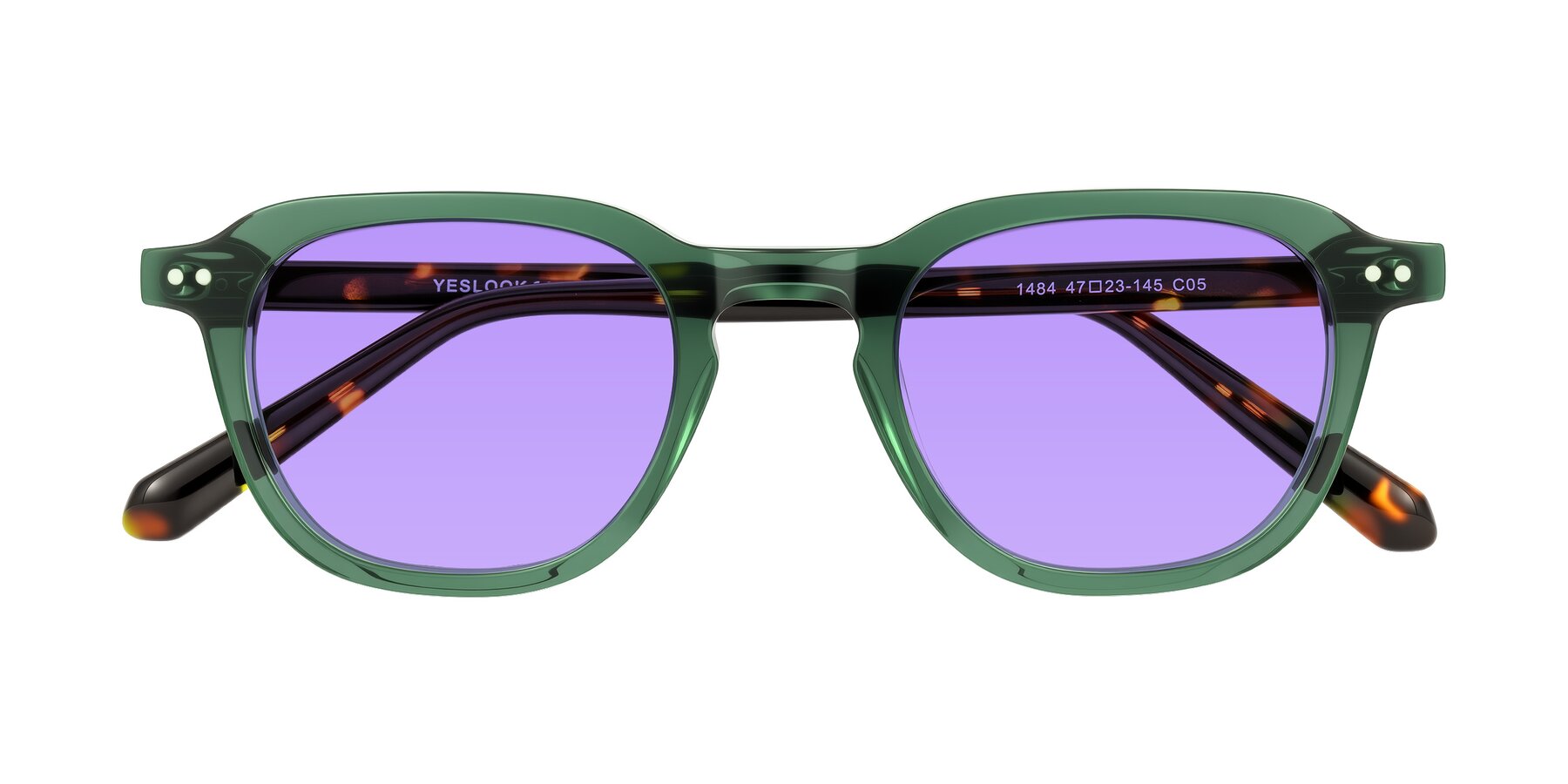 Folded Front of 1484 in Green/Tortoise with Medium Purple Tinted Lenses