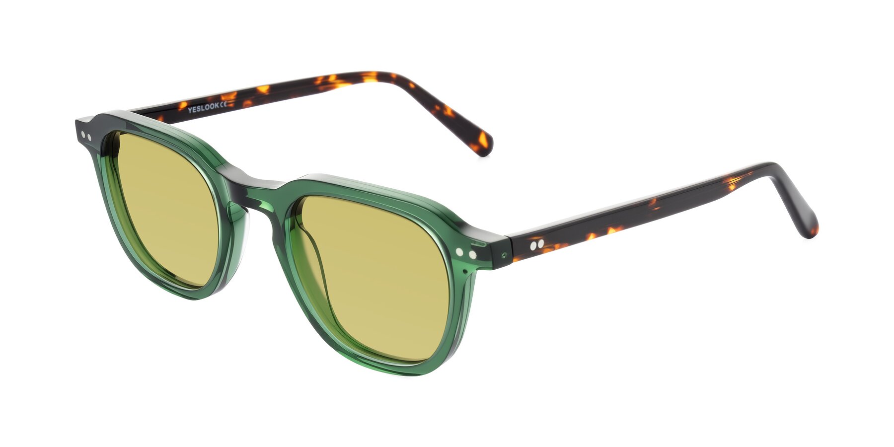 Angle of 1484 in Green/Tortoise with Medium Champagne Tinted Lenses