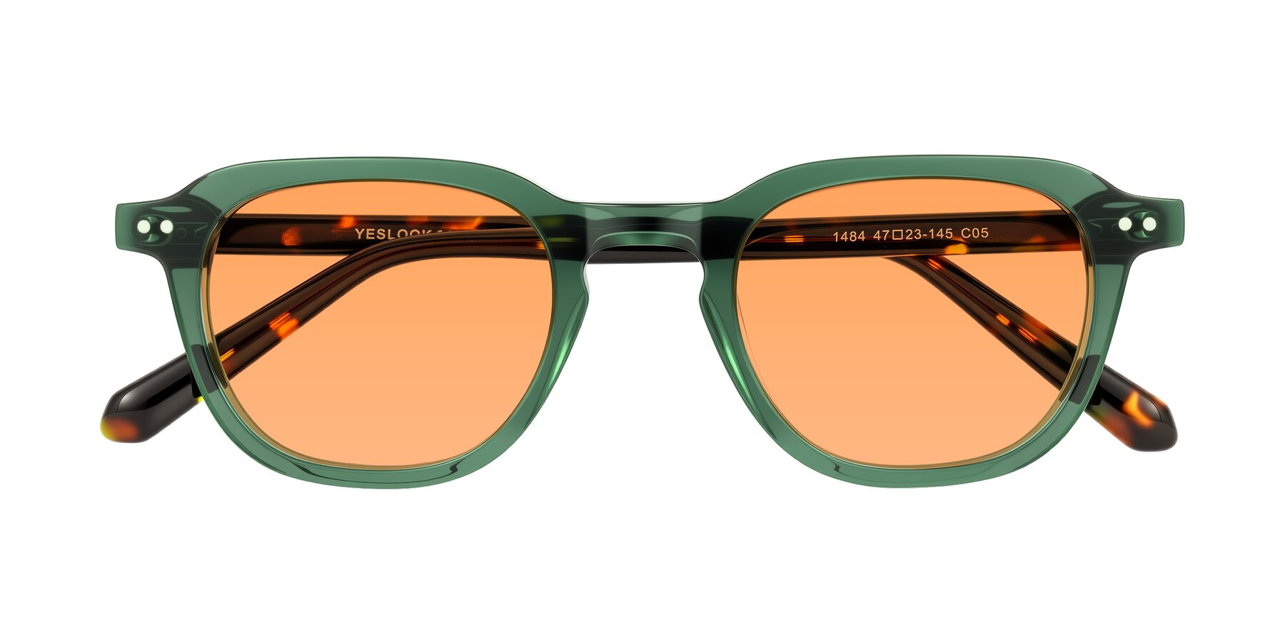 Folded Front of 1484 in Green/Tortoise with Medium Orange Tinted Lenses