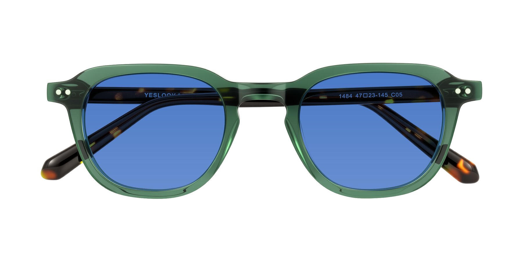 Folded Front of 1484 in Green/Tortoise with Blue Tinted Lenses