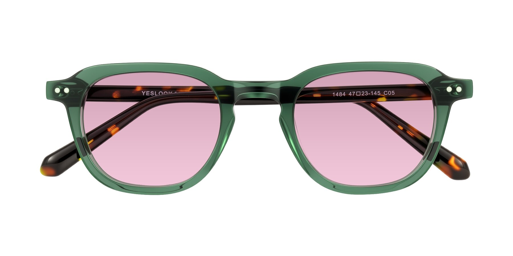 Folded Front of 1484 in Green/Tortoise with Light Wine Tinted Lenses