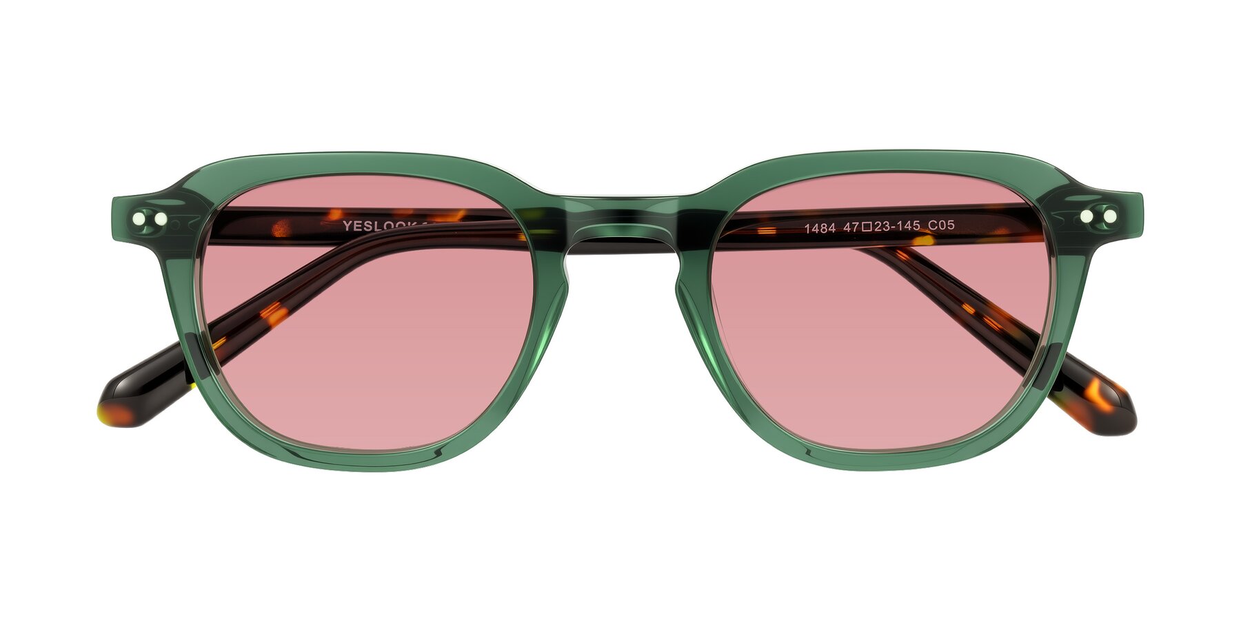 Folded Front of 1484 in Green/Tortoise with Medium Garnet Tinted Lenses