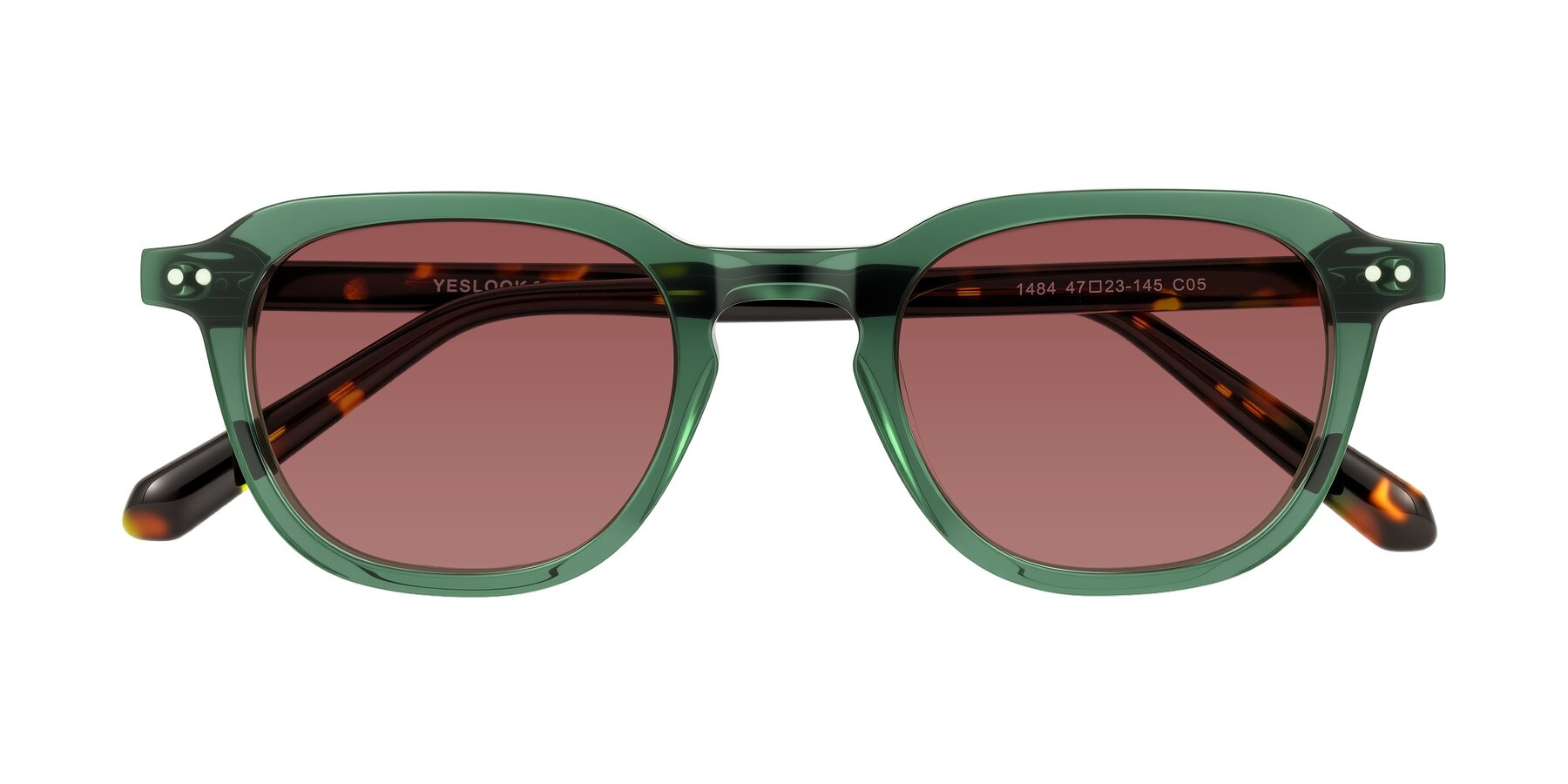 Folded Front of 1484 in Green/Tortoise with Garnet Tinted Lenses