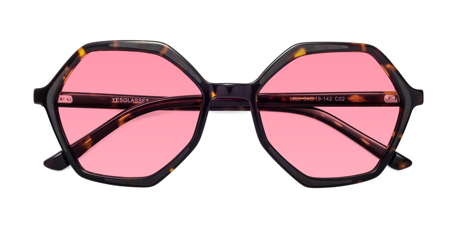 Folded Front of 1489 in Tortoise with Medium Pink Tinted Lenses