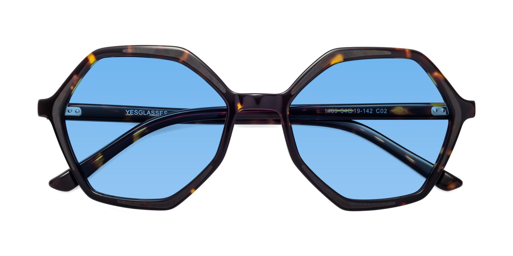 Folded Front of 1489 in Tortoise with Medium Blue Tinted Lenses