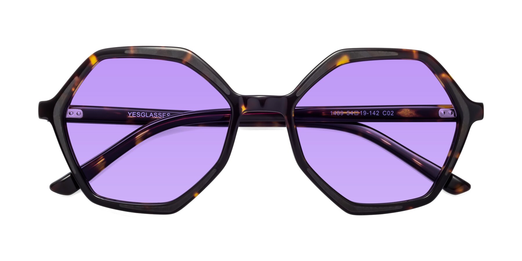 Folded Front of 1489 in Tortoise with Medium Purple Tinted Lenses