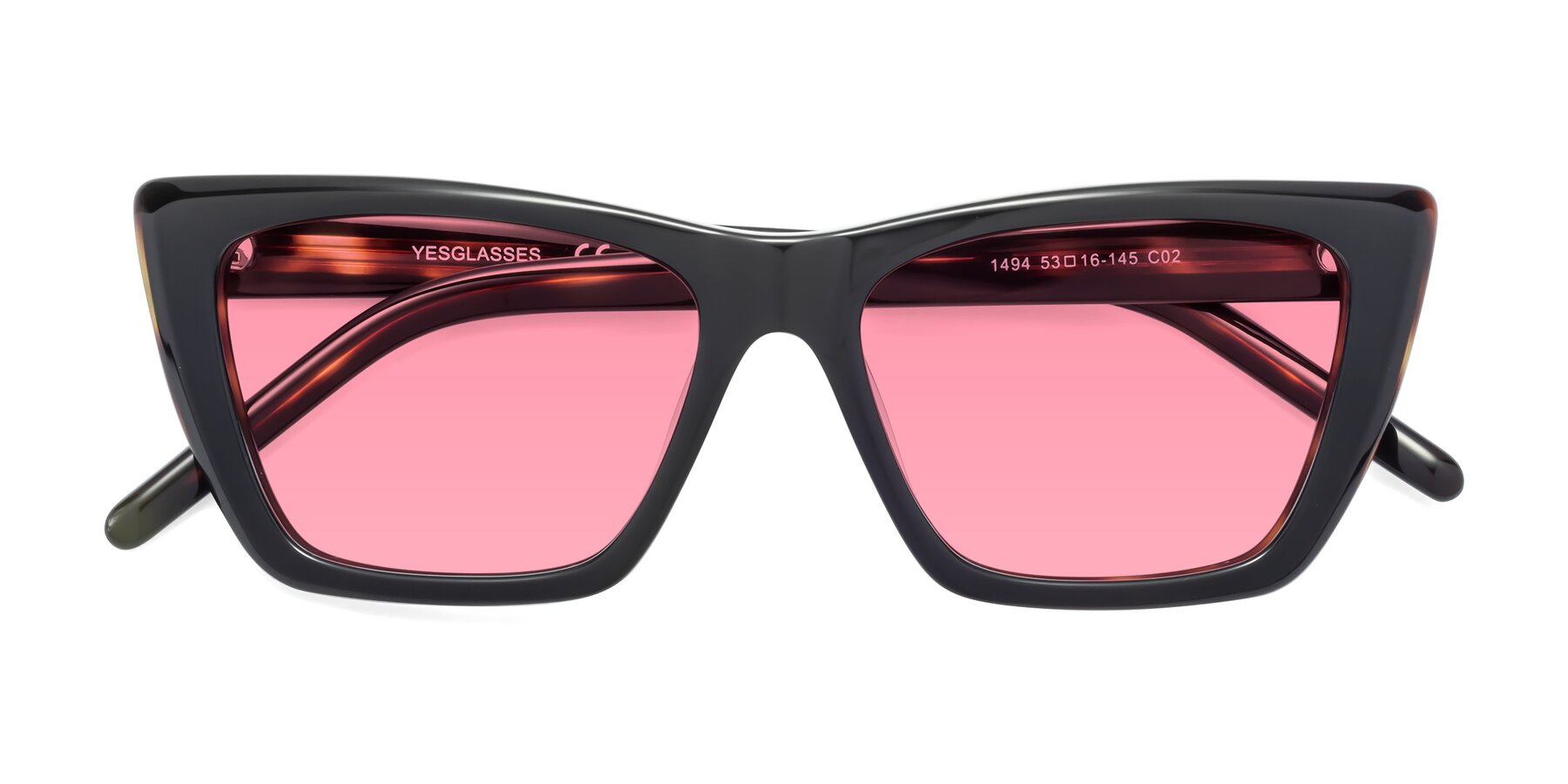 Folded Front of 1494 in Tortoise with Medium Pink Tinted Lenses