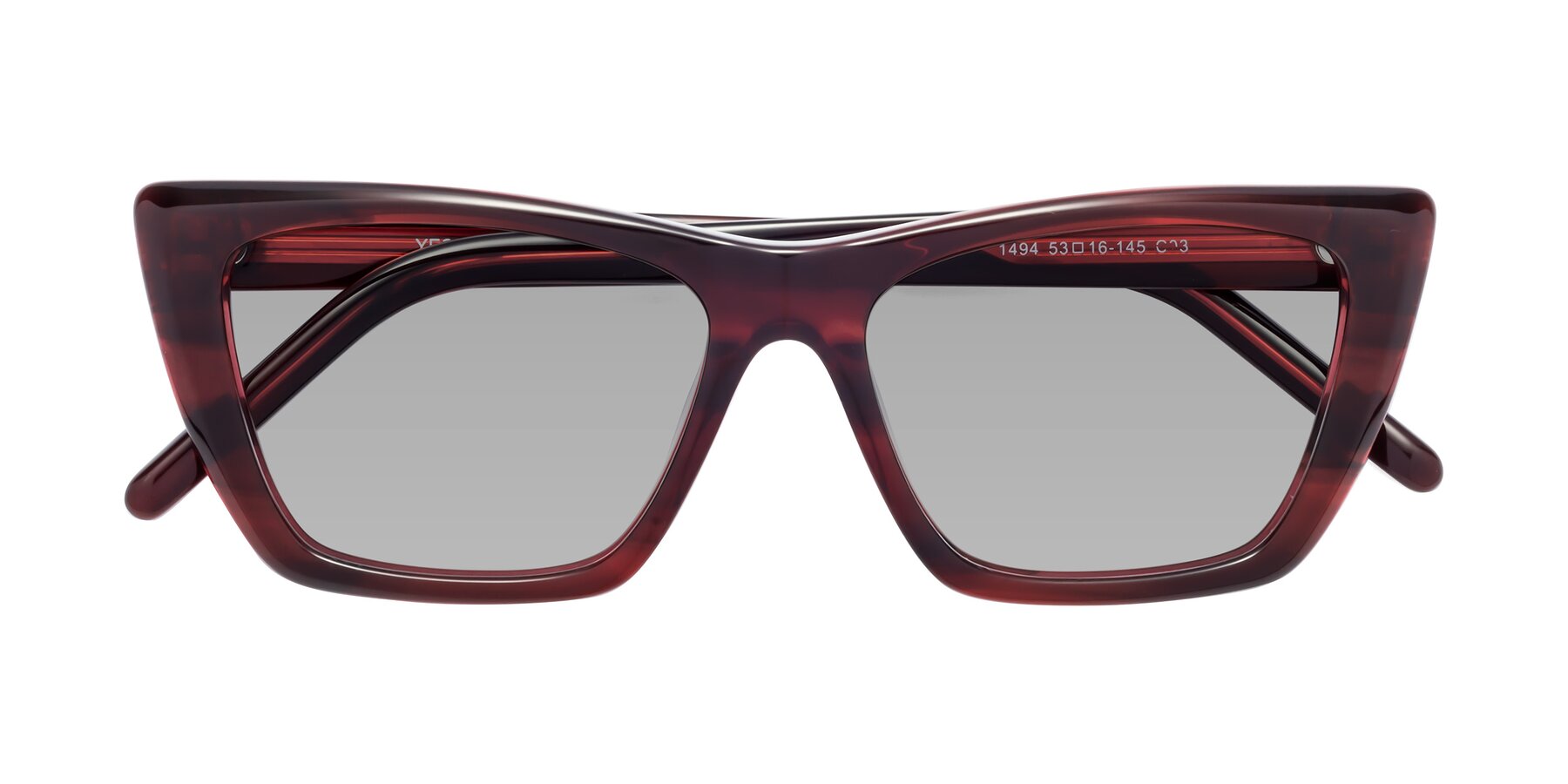 Folded Front of 1494 in Stripe Wine with Light Gray Tinted Lenses