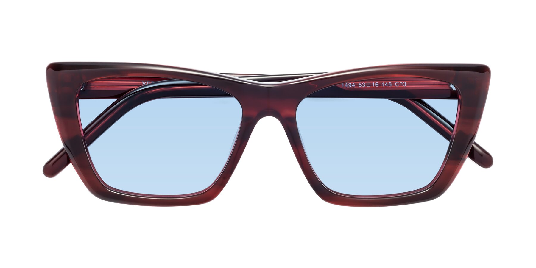 Folded Front of 1494 in Stripe Wine with Light Blue Tinted Lenses