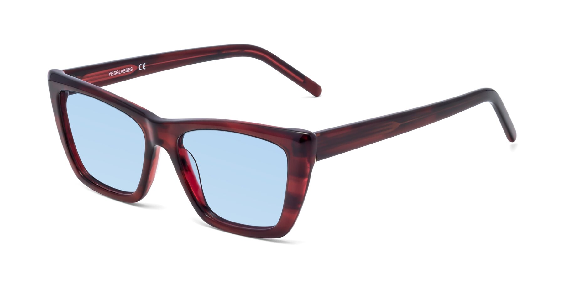 Angle of 1494 in Stripe Wine with Light Blue Tinted Lenses