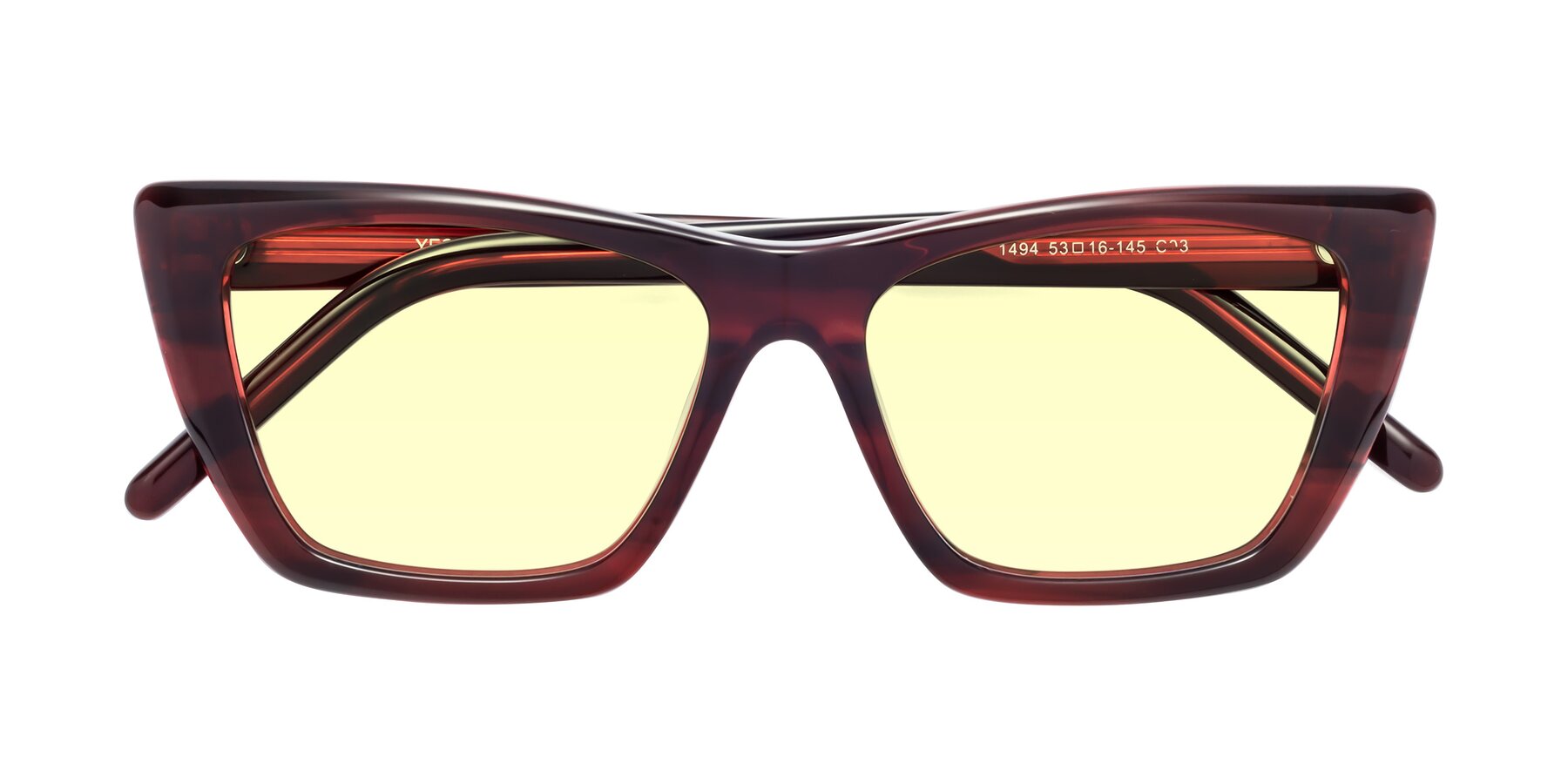 Folded Front of 1494 in Stripe Wine with Light Yellow Tinted Lenses