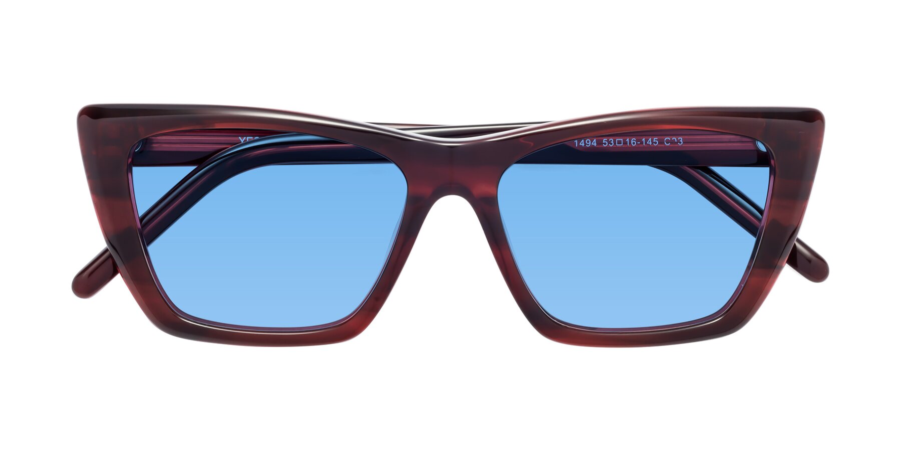 Folded Front of 1494 in Stripe Wine with Medium Blue Tinted Lenses
