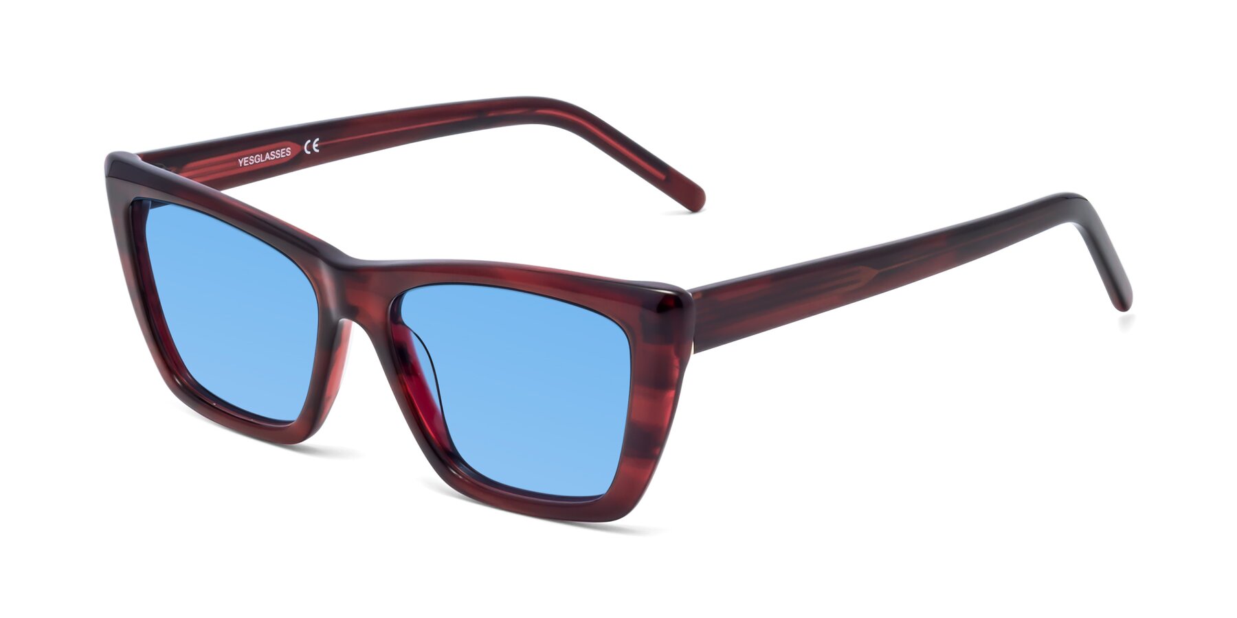 Angle of 1494 in Stripe Wine with Medium Blue Tinted Lenses