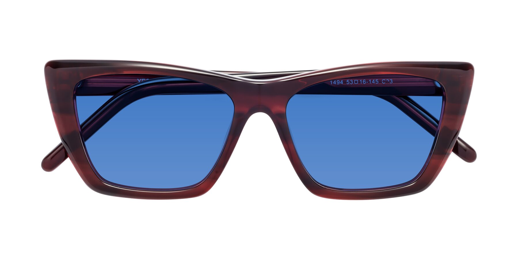 Folded Front of 1494 in Stripe Wine with Blue Tinted Lenses